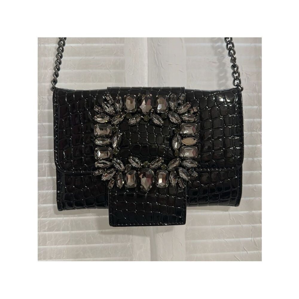 VENUS Black Pebbled Patent Leather Jeweled Rhinestone Flap Chain Strap Bag